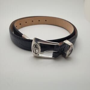 Black Croc Embossed Italian Calfskin Leather Belt Silver Tone Golfer Buckle
